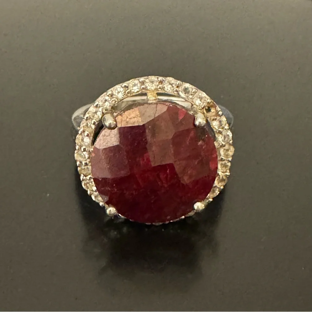 Large Faceted Ruby Sterling Silver Ring with White Topaz Halo